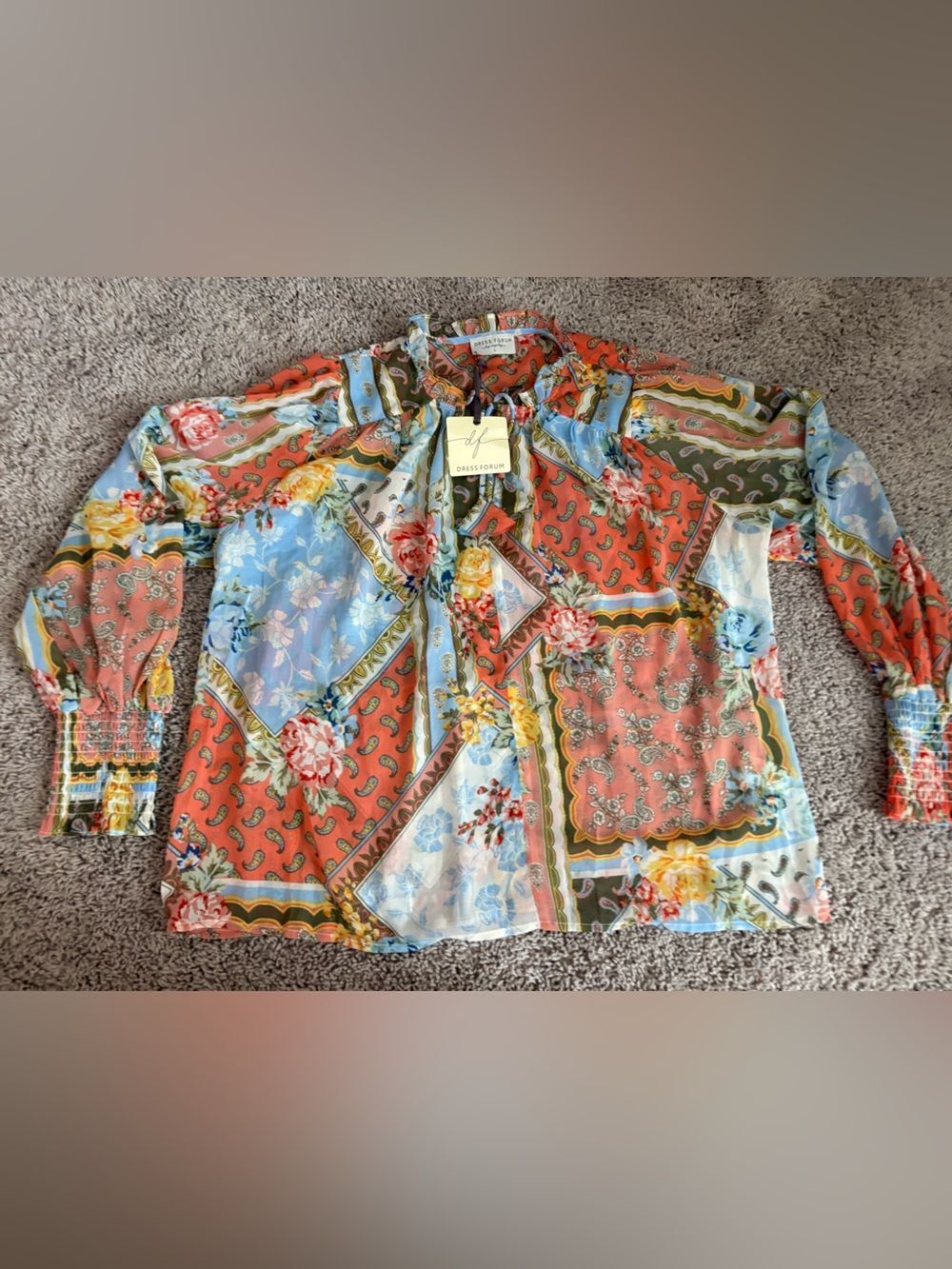 Dress Forum Coral and Light Blue Paisley Ruffle Blouse